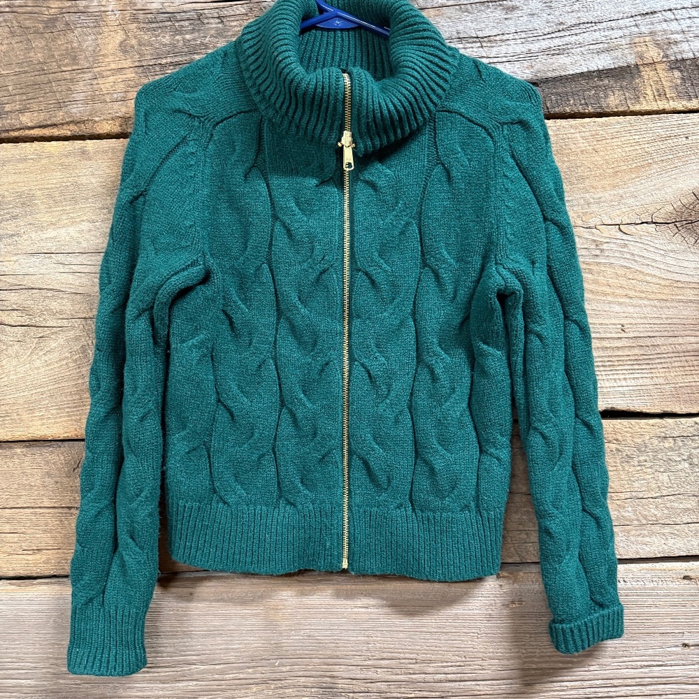 Talbots Full zip turtle neck chunky cable knit cardigan, green, XS